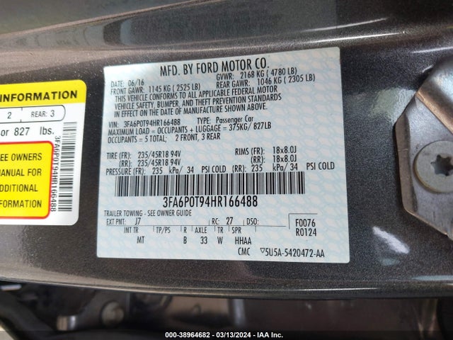 Ford FUSION SE 2017 3FA6P0T94HR166488 Image 9