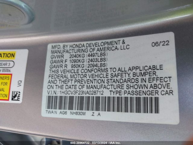 1HGCV3F23NA028712 Honda Accord Hybrid Sport