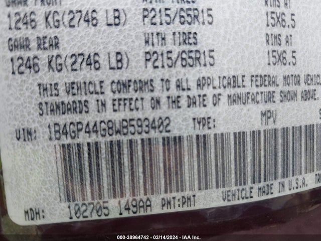 1998 DODGE GRAND CARAVAN SE VIN: 1B4GP44G8WB593402
