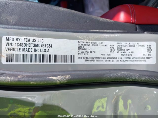 1C4SDHCT3MC757934 Dodge Durango R/t Rwd