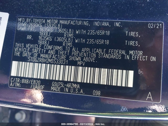 Toyota Highlander Xle 2021 5TDGZRBH2MS533031 Image 9