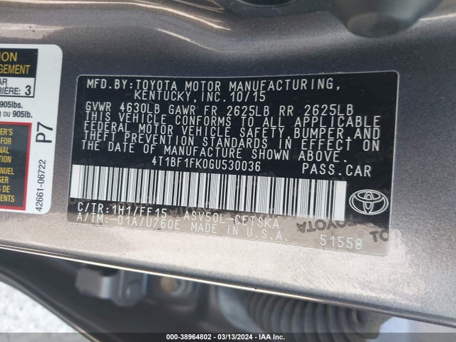 Toyota CAMRY SE 2016 4T1BF1FK0GU530036 Image 9