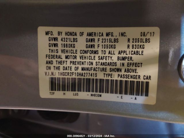 1HGCR2F10HA277415 Honda Accord Sport Se