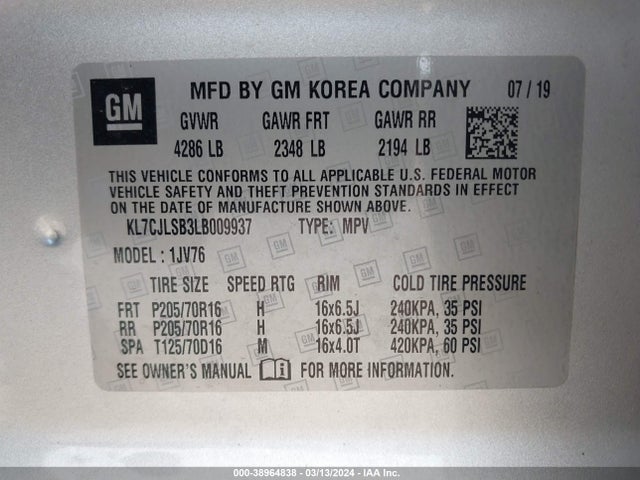 Chevrolet Trax Fwd Lt 2020 KL7CJLSB3LB009937 Image 9