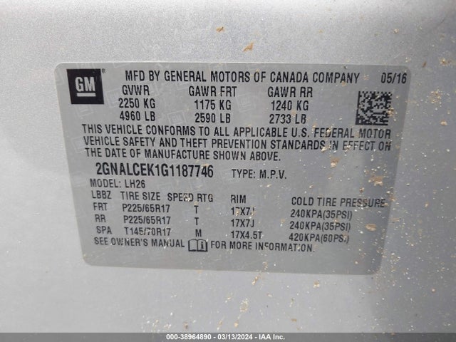 Chevrolet EQUINOX LT 2016 2GNALCEK1G1187746 Image 9