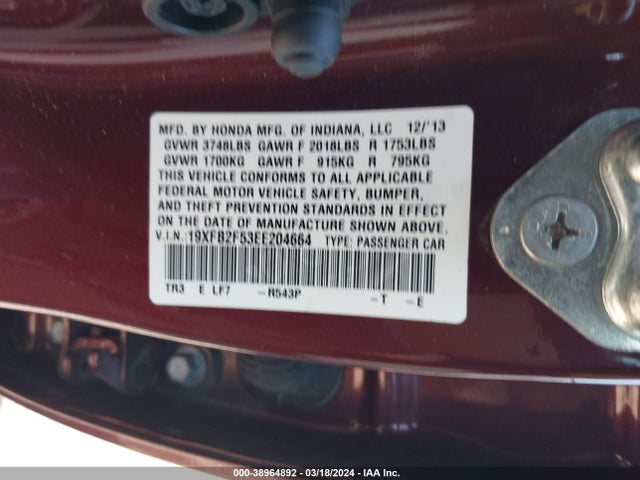 Honda Civic Lx 2014 19XFB2F53EE204664 Image 9