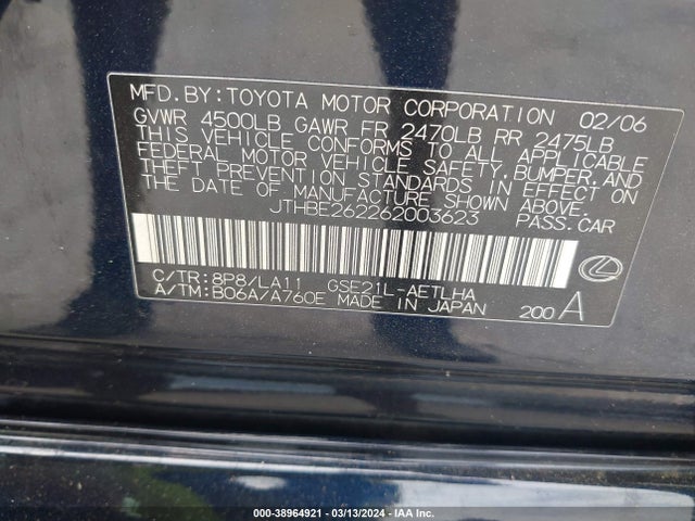 Продажа на аукционе авто 2006 Lexus Is 350, vin: JTHBE262262003623, номер лота: 38964921