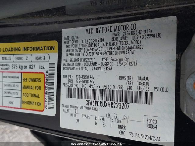 3FA6P0RUXHR223207 Ford Fusion Hybrid Titanium