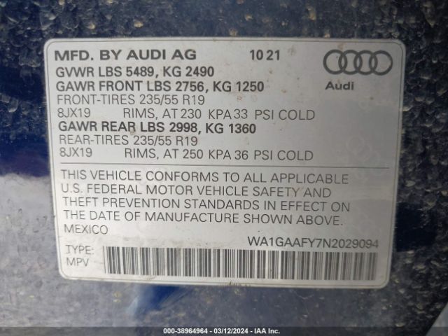 WA1GAAFY7N2029094 Audi Q5 Premium 45 Tfsi S Line Quattro S Tronic