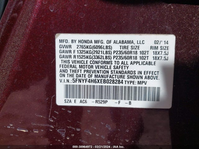 Honda Pilot Ex-l 2014 5FNYF4H6XEB028284 Image 9
