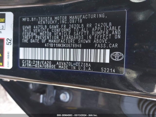Toyota CAMRY SE 2019 4T1B11HK9KU678948 Image 9