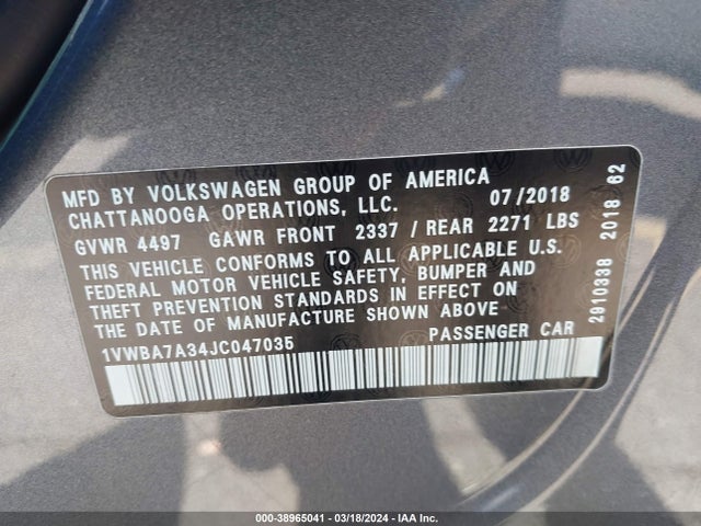 Volkswagen Passat 2.0t Se 2018 1VWBA7A34JC047035 Image 9