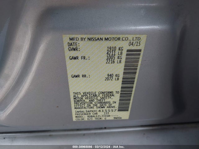 Nissan Altima 2.5 S 2015 1N4AL3APXFC415557 Image 9