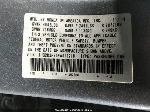 Honda Accord Ex-l V-6 2015 1HGCR3F80FA012218 Image 9