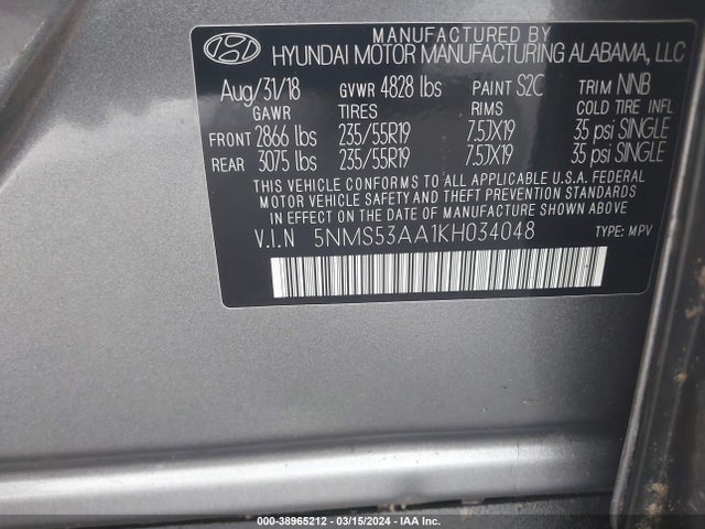 Hyundai Santa Fe Limited 2.0t 2019 5NMS53AA1KH034048 Image 9