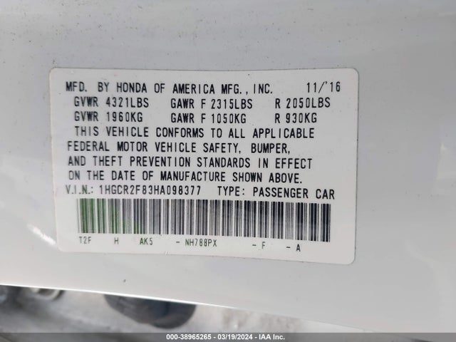 Honda Accord Ex-l 2017 1HGCR2F83HA098377 Image 9