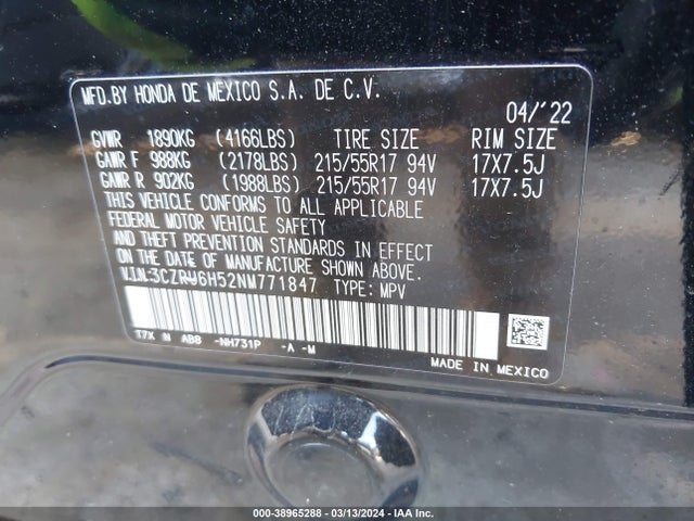 Honda Hr-v Awd Ex 2022 3CZRU6H52NM771847 Image 9