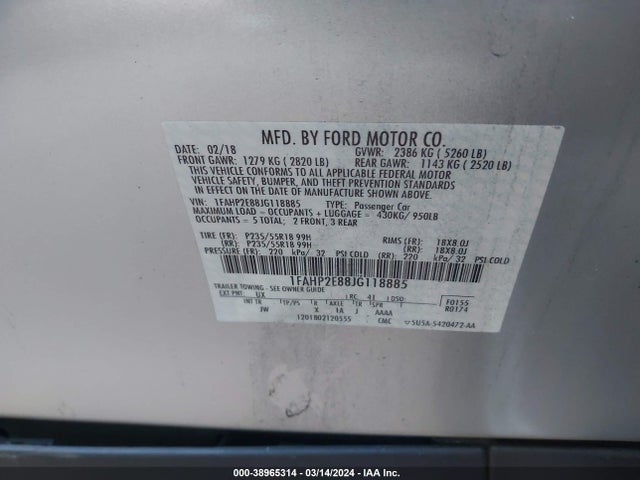 Ford TAURUS SEL 2018 1FAHP2E88JG118885 Image 9