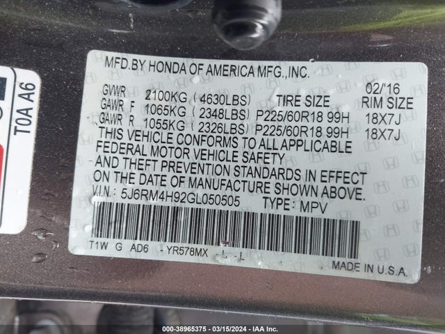 Honda Cr-v Touring 2016 5J6RM4H92GL050505 Image 9