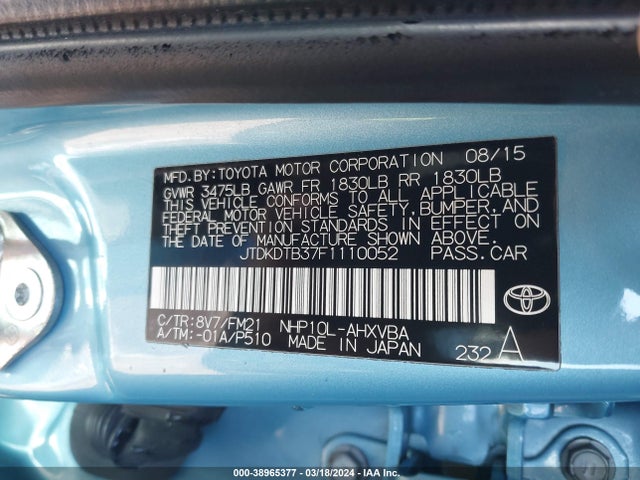 Toyota Prius C Two 2015 JTDKDTB37F1110052 Image 9