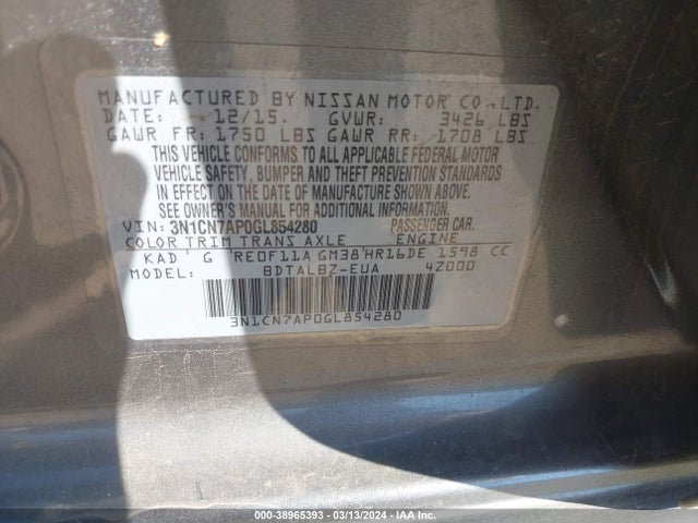 Nissan Versa 1.6 Sv 2016 3N1CN7AP0GL854280 Image 9