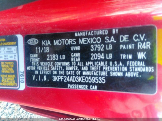3KPF24AD3KE059535 KIA Forte Lxs