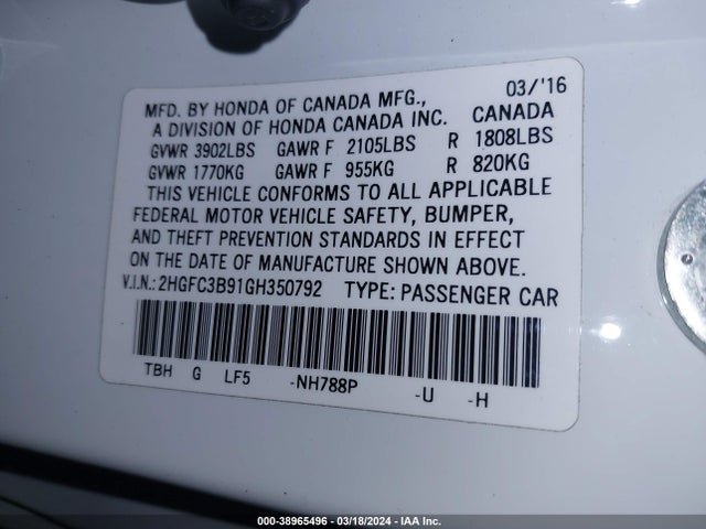 Honda Civic Touring 2016 2HGFC3B91GH350792 Image 9
