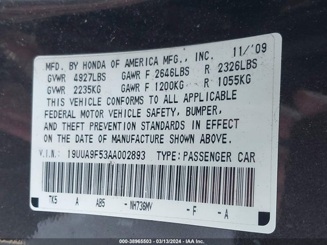 38965503 :رقم المزاد ، 19UUA9F53AA002893 vin ، 2010 Acura Tl 3.7 مزاد بيع