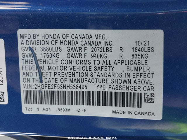 Honda Civic Sport 2022 2HGFE2F53NH538495 Image 9