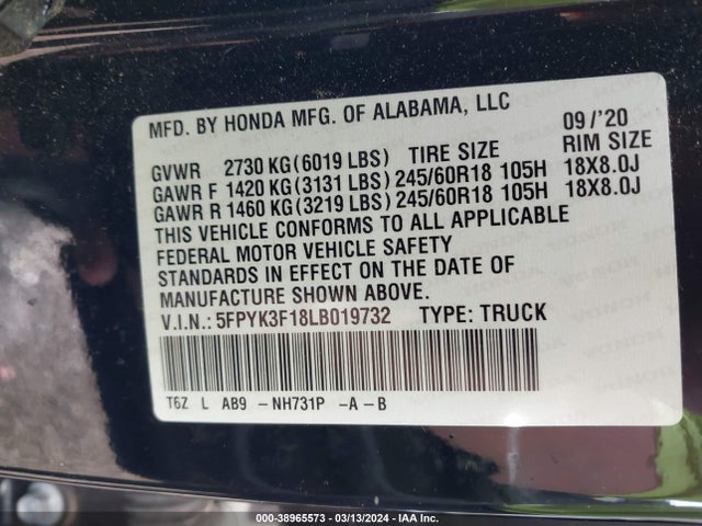 Honda Ridgeline Awd Sport 2020 5FPYK3F18LB019732 Image 9