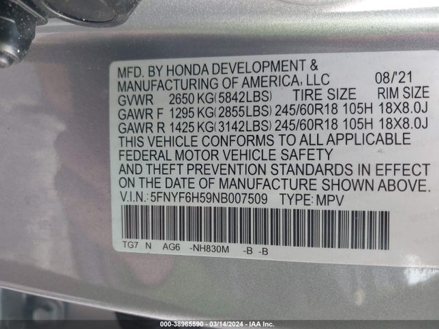 Honda Pilot Awd Ex-l 2022 5FNYF6H59NB007509 Image 9