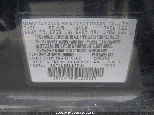 Nissan Versa 1.6 Sv 2019 3N1CN7AP0KL850559 Image 9