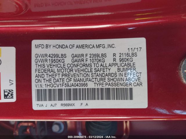 1HGCV1F59JA043966 Honda Accord Ex-l