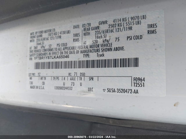 Ford Transit-250 2020 1FTBR1Y87LKA65046 Image 9
