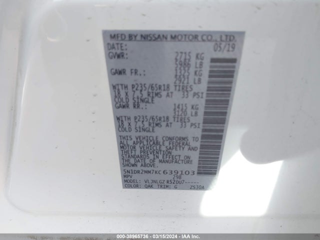 Nissan Pathfinder Sl 2019 5N1DR2MM7KC639103 Image 9