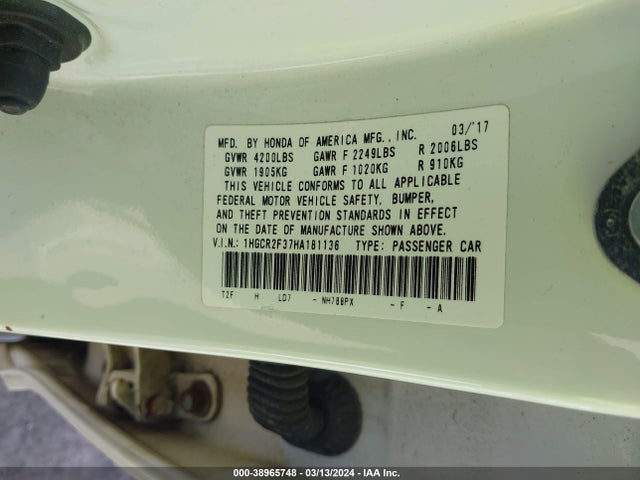 Honda ACCORD LX 2017 1HGCR2F37HA181136 Image 9