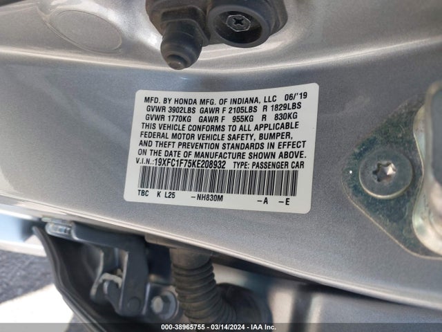 Honda Civic Ex-l 2019 19XFC1F75KE208932 Image 9