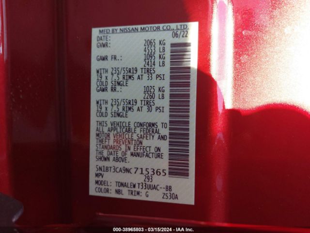 5N1BT3CA9NC715365 Nissan Rogue Sl Fwd
