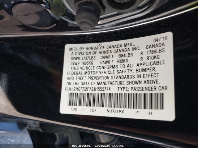 Honda CIVIC EX 2018 2HGFC2F72JH555774 Image 9
