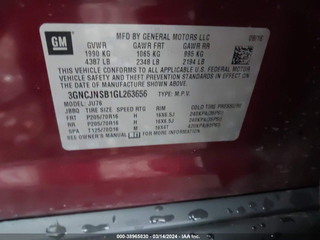 Chevrolet Trax 1ls 2016 3GNCJNSB1GL263656 Image 9