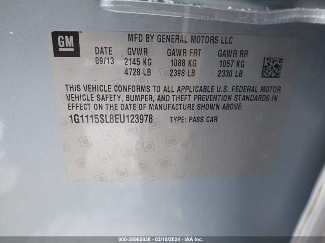Chevrolet IMPALA 1LT 2014 1G1115SL8EU123978 Image 9