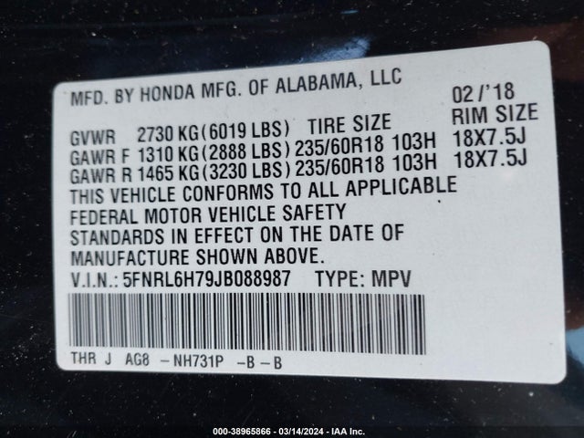 Honda Odyssey Ex-l 2018 5FNRL6H79JB088987 Image 9