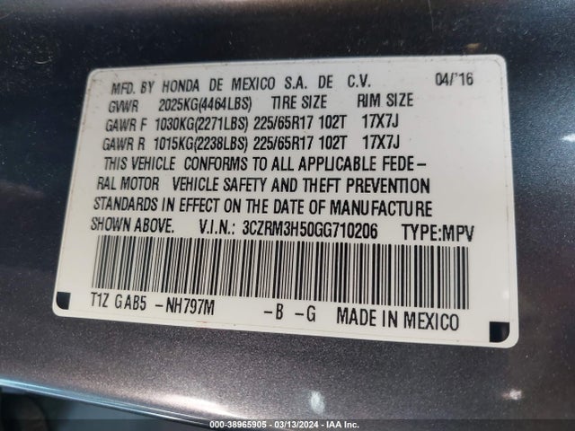 Honda CR-V EX 2016 3CZRM3H50GG710206 Image 9