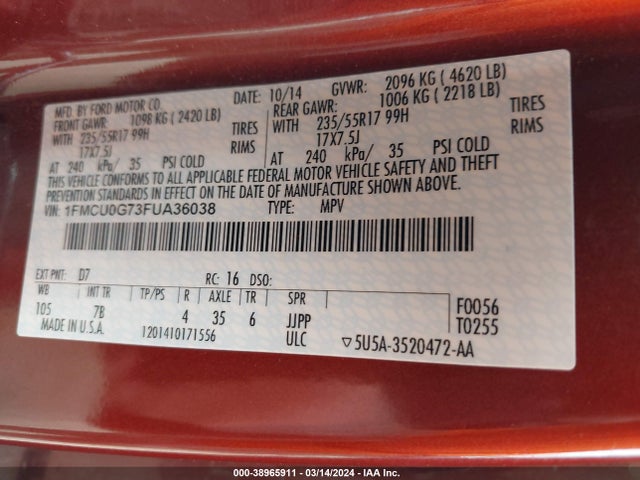 1FMCU0G73FUA36038 Ford ESCAPE SE