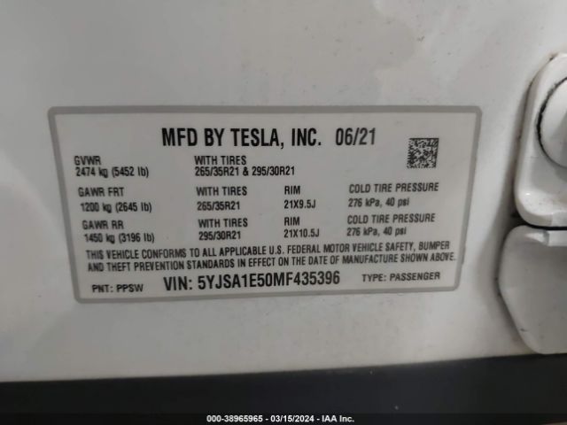 5YJSA1E50MF435396 Tesla Model S Long Range Dual Motor All-wheel Drive
