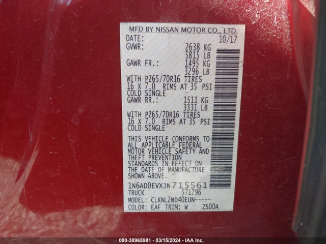 Nissan Frontier Sv 2018 1N6AD0EVXJN715561 Image 9