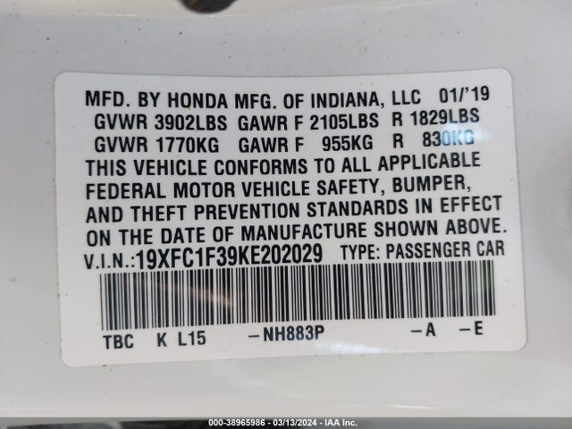 Honda CIVIC EX 2019 19XFC1F39KE202029 Image 9