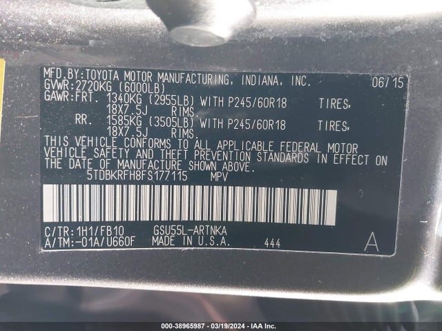 Toyota Highlander Le V6 2015 5TDBKRFH8FS177115 Image 9