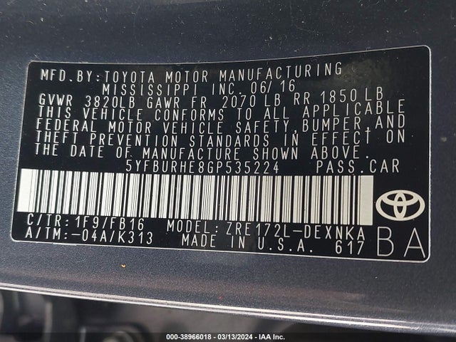Toyota COROLLA LE 2016 5YFBURHE8GP535224 Image 9