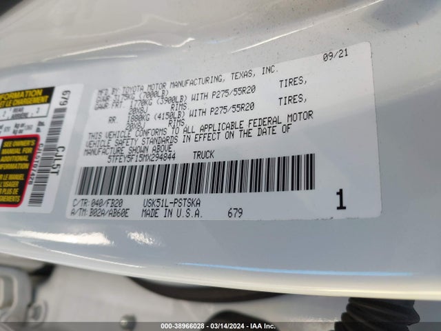 Toyota Tundra Sr5 2021 5TFEY5F15MX294844 Image 9
